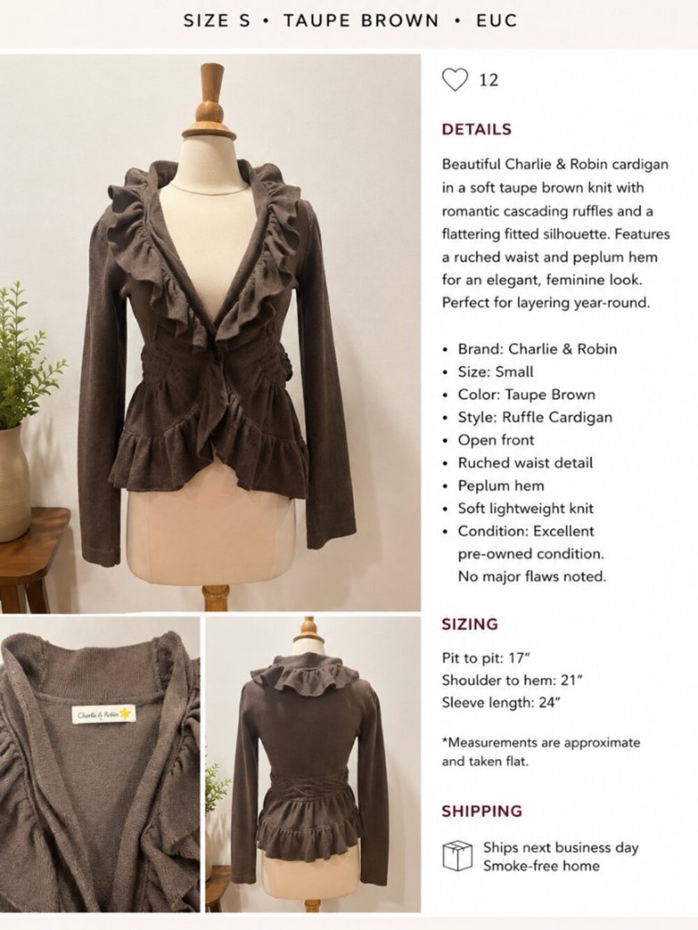 Charlie & Robin Taupe Ruffle Cardigan Size Small Romantic Peplum Sweater EUC